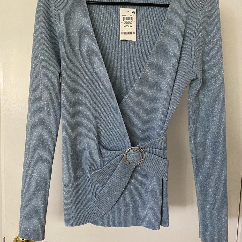 Inc. Elegant Blue Wrap Sweater. Powder blue with silver threads. NWT - Picture 2 of 6